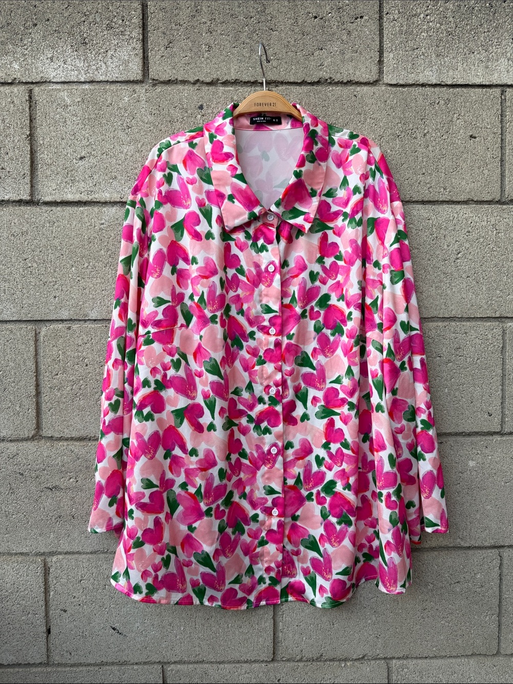 Floral Pink Heart Button-Up Long Sleeve Blouse